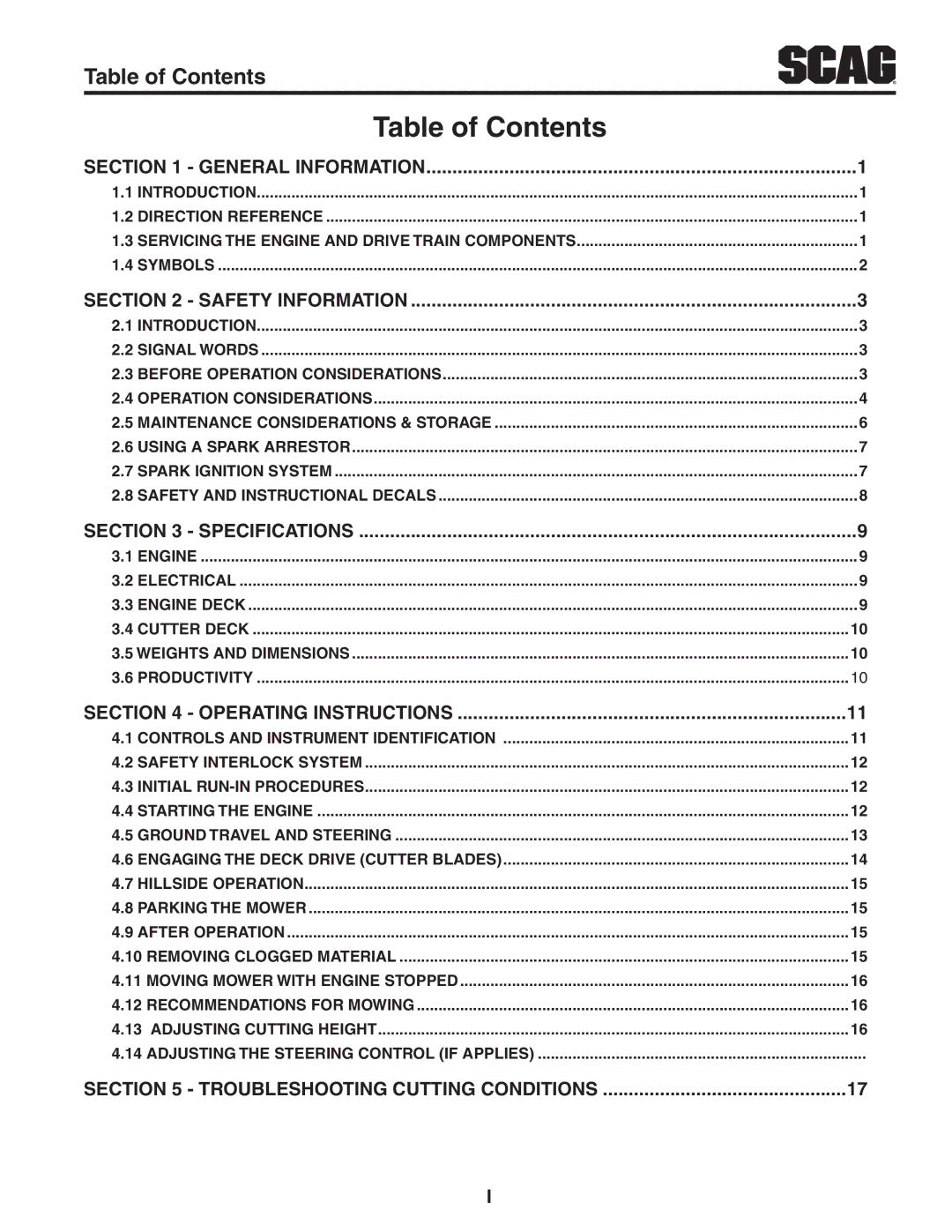 Scag Power Equipment SVR61V-29FX manual Table of Contents 