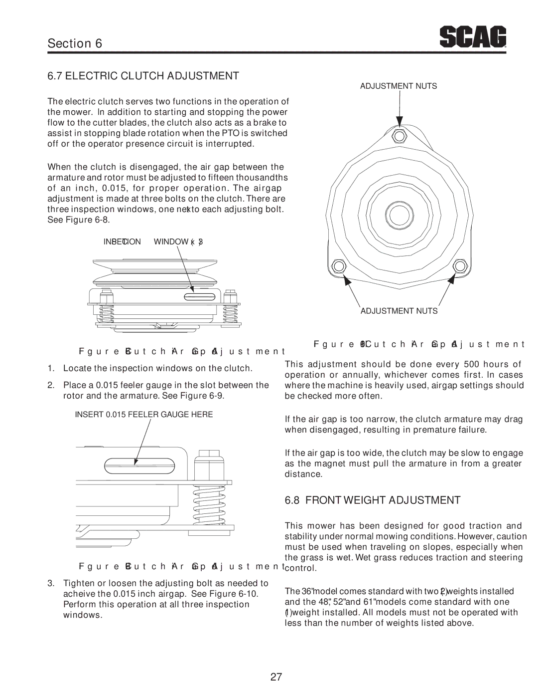 Scag Power Equipment SVR61V-29FX manual Electric clutch adjustment, FrONT Weight Adjustment 