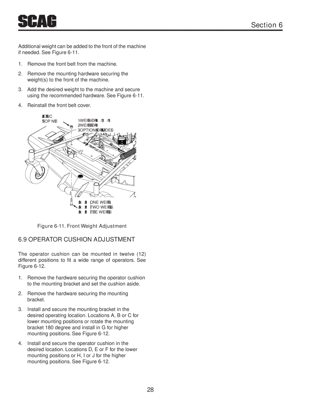 Scag Power Equipment SVR61V-29FX manual Operator Cushion adjustment, Front Weight Adjustment 