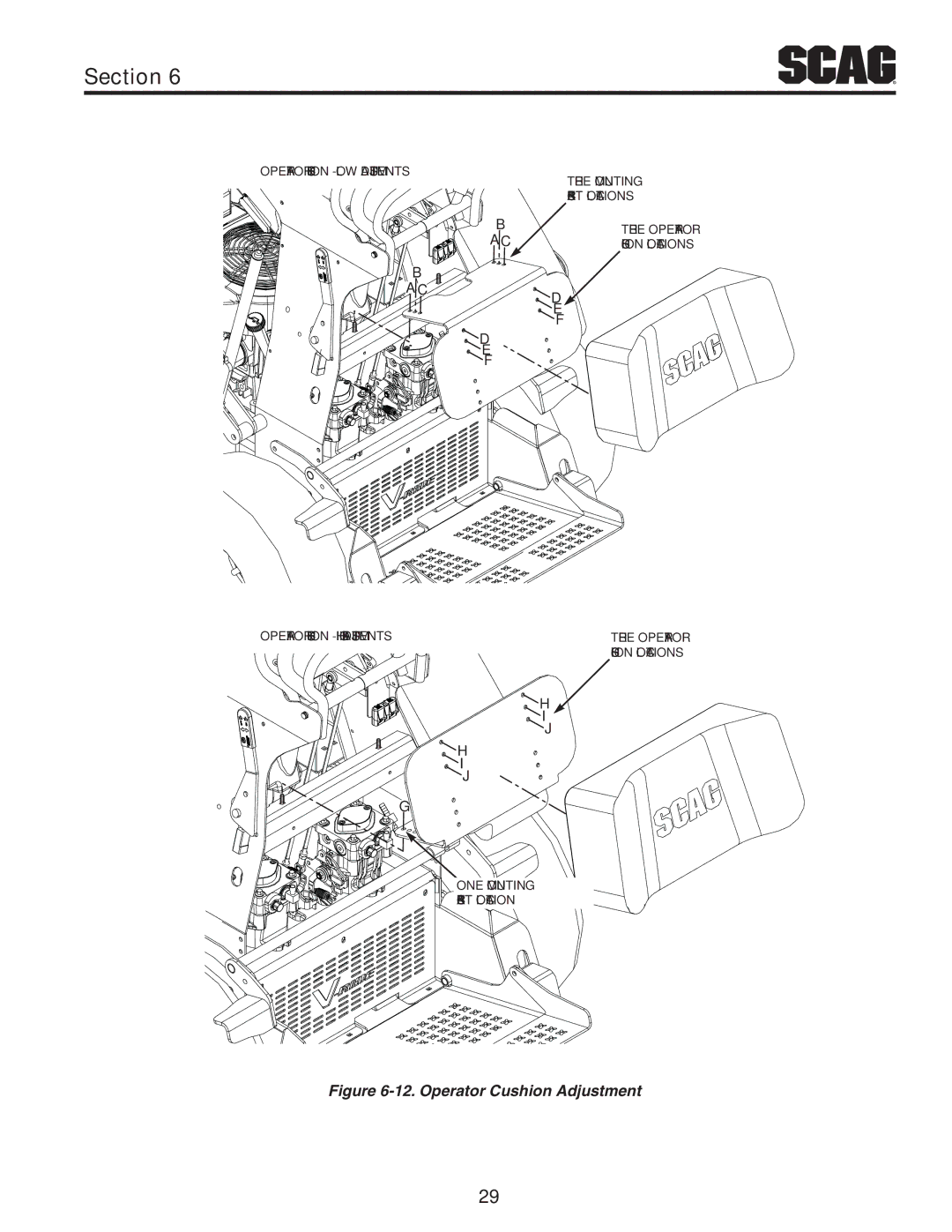 Scag Power Equipment SVR61V-29FX manual Operator Cushion Adjustment 