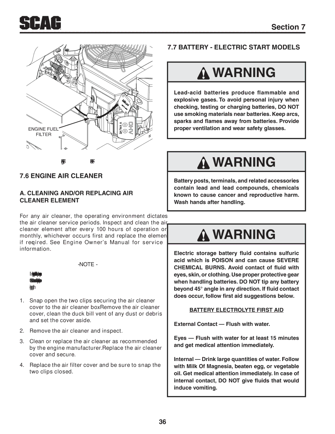 Scag Power Equipment SVR61V-29FX manual Engine Air Cleaner, Battery eLECTRIC Start Models 