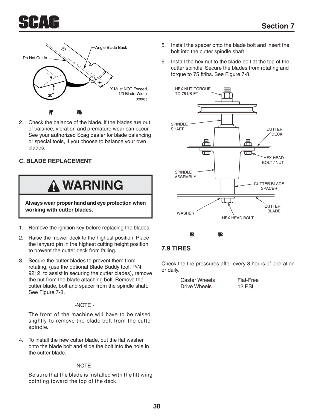 Scag Power Equipment SVR61V-29FX manual Tires, Blade Replacement 