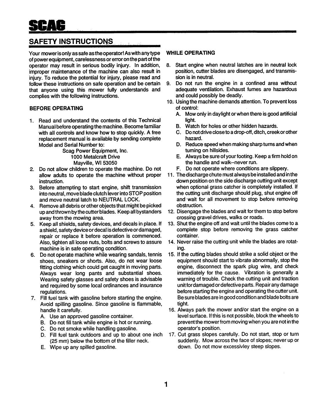 Scag Power Equipment SW-20KHE manual 