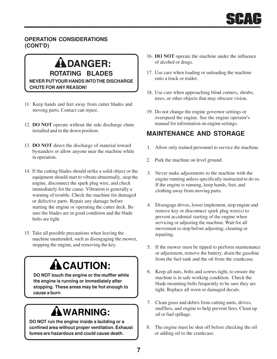 Scag Power Equipment SW manual Maintenance and Storage, Operation Considerations Contd 