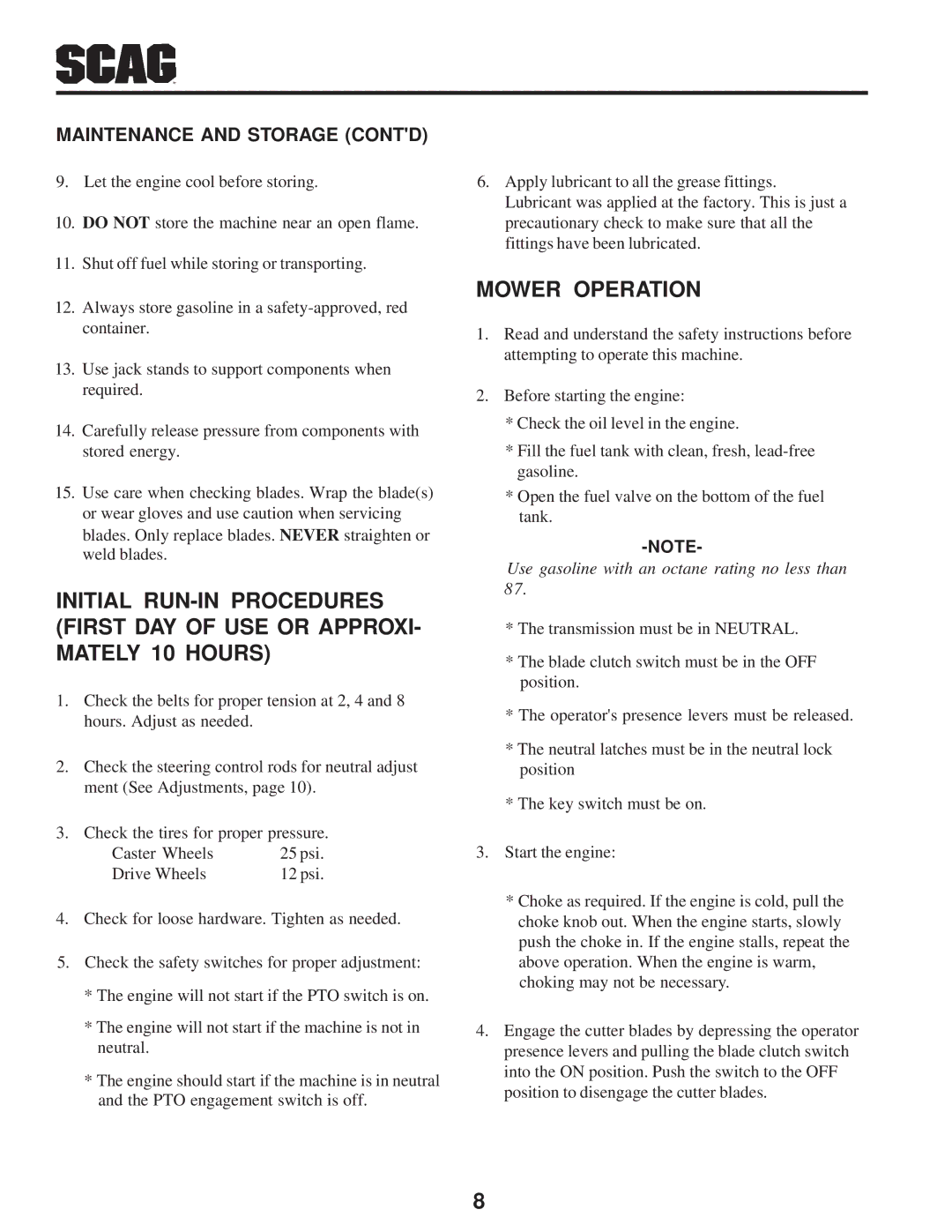 Scag Power Equipment SW manual Mower Operation, Maintenance and Storage Contd 