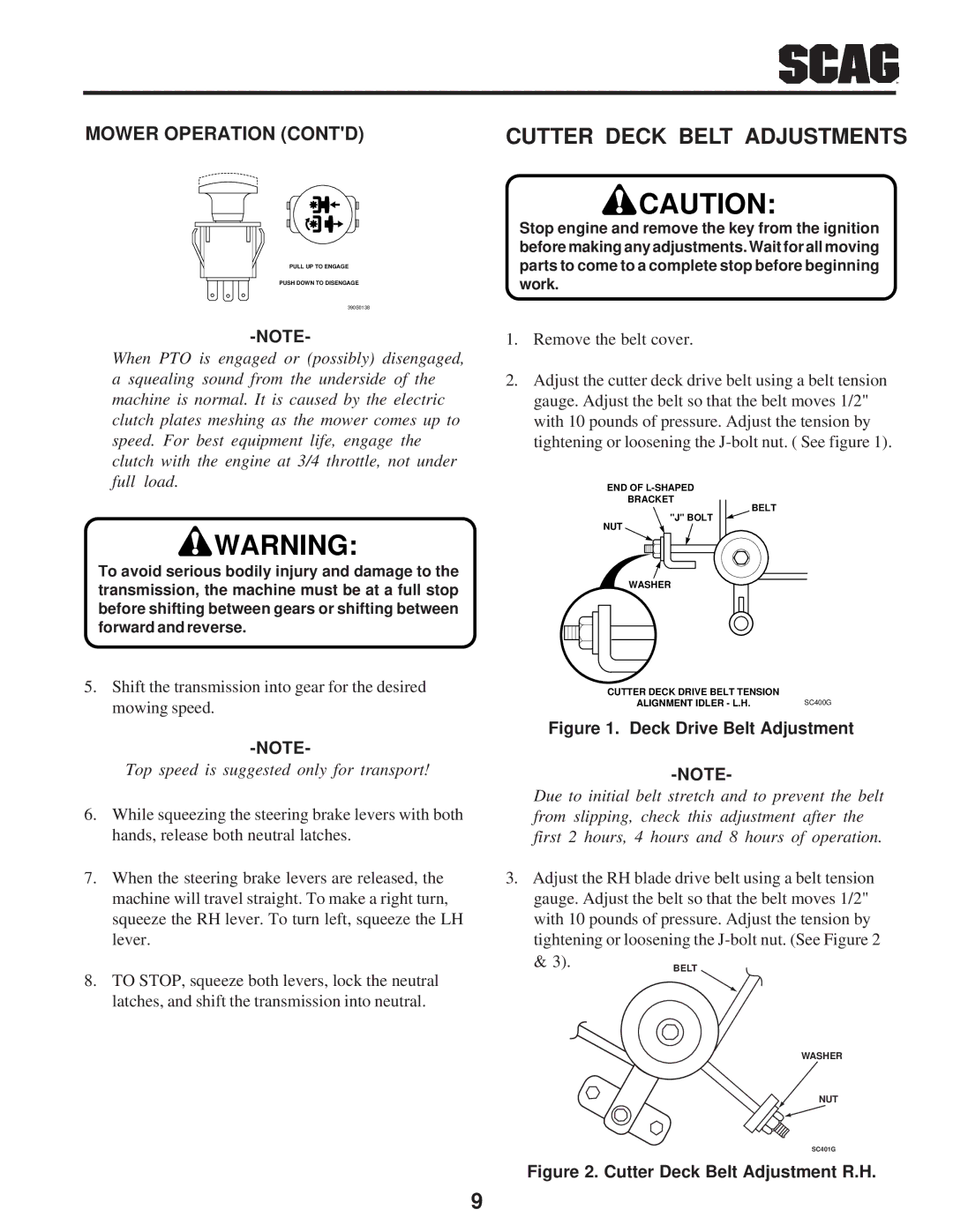 Scag Power Equipment SW manual Cutter Deck Belt Adjustments, Mower Operation Contd 