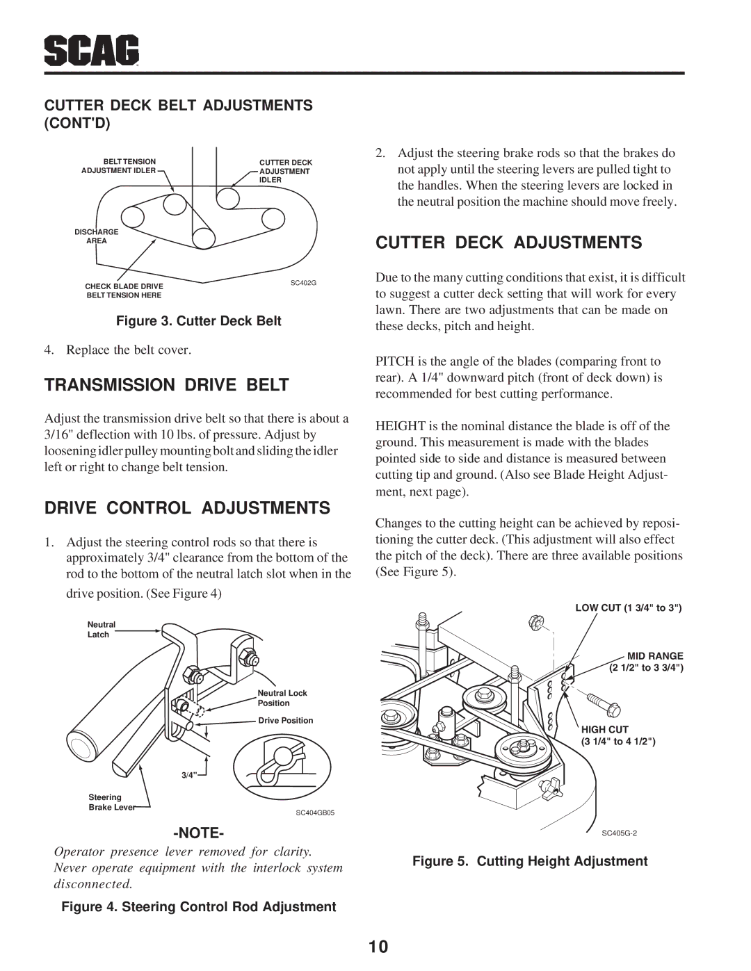 Scag Power Equipment SW manual Transmission Drive Belt, Drive Control Adjustments, Cutter Deck Adjustments 