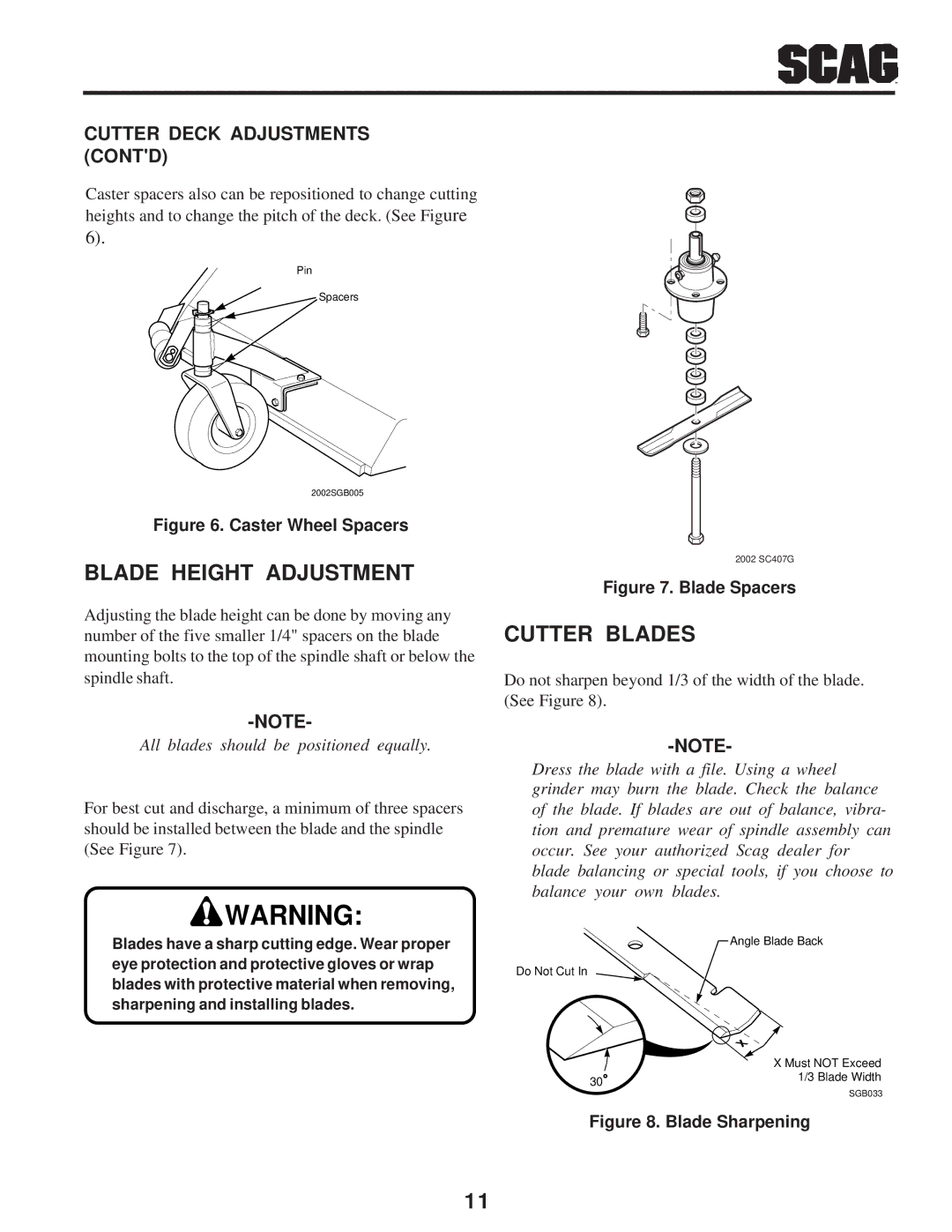 Scag Power Equipment SW manual Blade Height Adjustment, Cutter Blades, Cutter Deck Adjustments Contd 