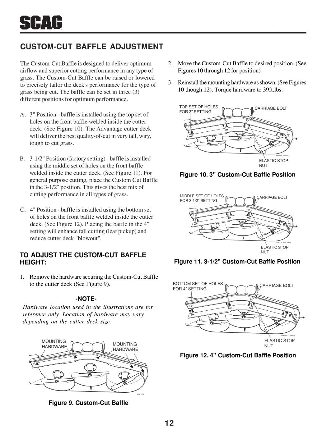 Scag Power Equipment SW manual CUSTOM-CUT Baffle Adjustment, To Adjust the CUSTOM-CUT Baffle Height 