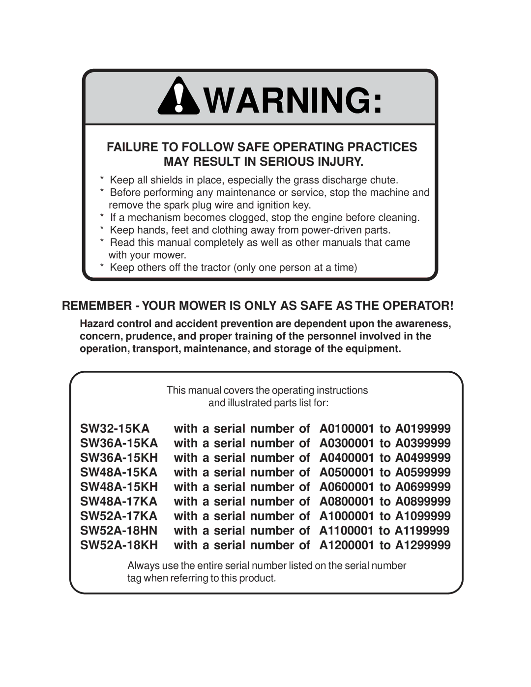 Scag Power Equipment SW manual Remember Your Mower is only AS Safe AS the Operator 