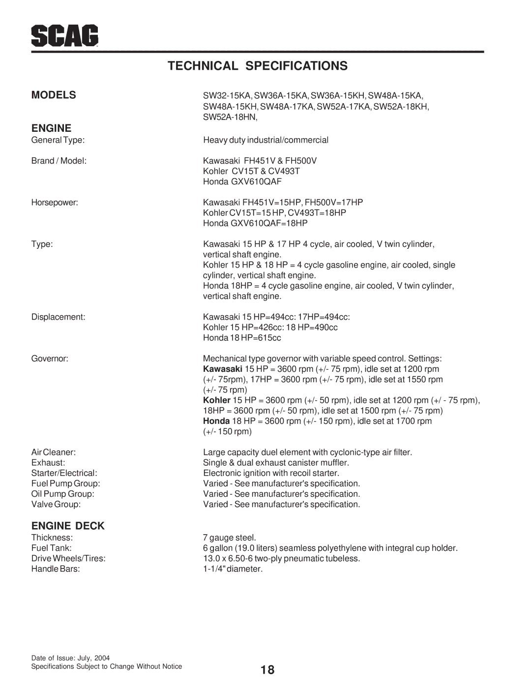 Scag Power Equipment SW manual Technical Specifications, Models, Engine Deck 