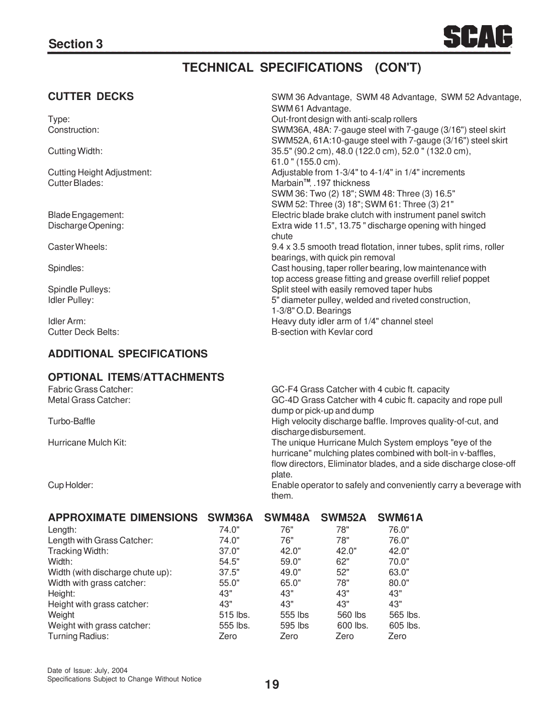 Scag Power Equipment SW Technical Specifications Cont, Cutter Decks, Additional Specifications Optional ITEMS/ATTACHMENTS 