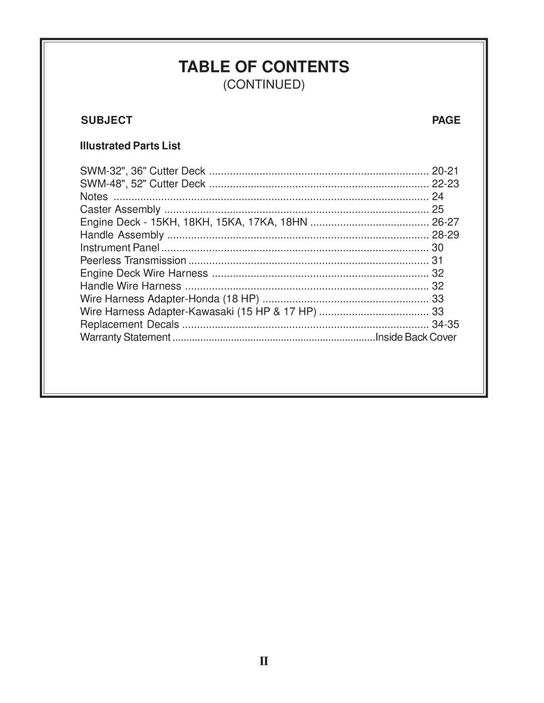 Scag Power Equipment SW manual Table of Contents 