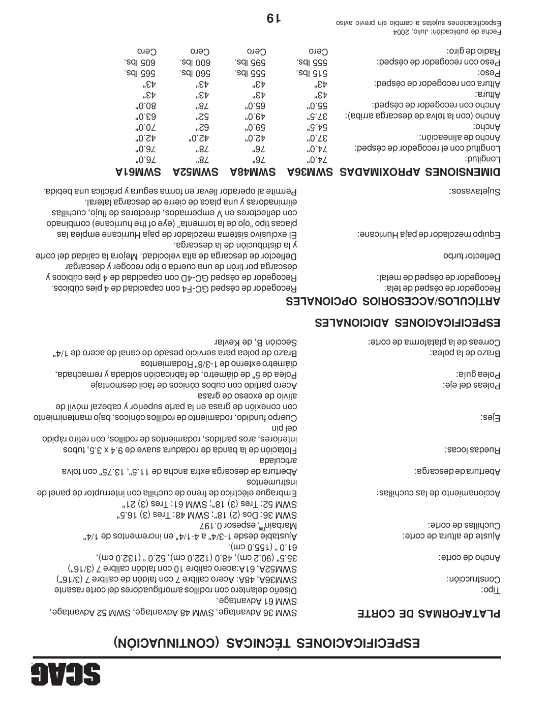 Scag Power Equipment manual Continuación Técnicas Especificaciones, SWM61A SWM52A SWM48A SWM36A Aproximadas Dimensiones 