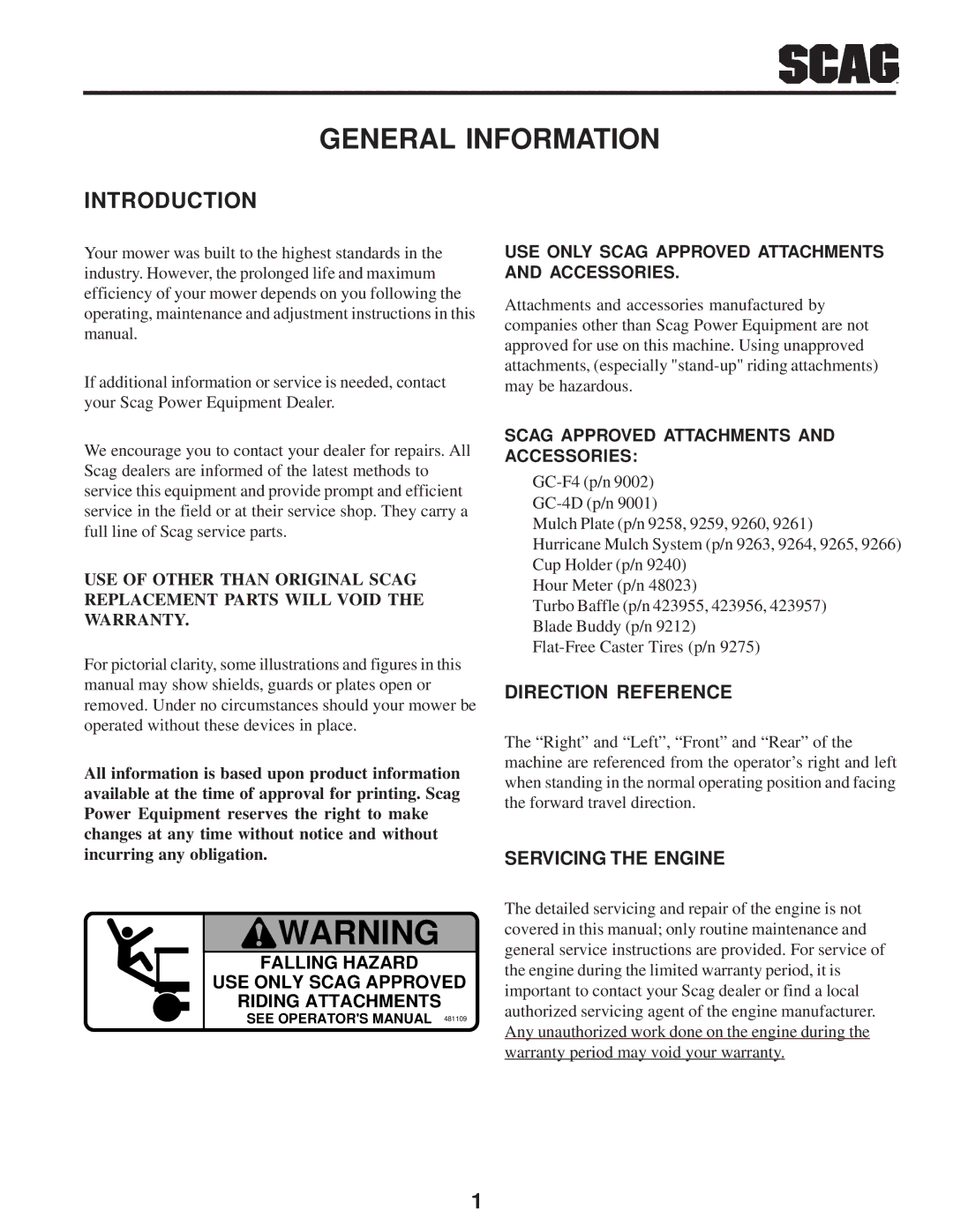 Scag Power Equipment SW manual General Information, Introduction, Direction Reference, Servicing the Engine 