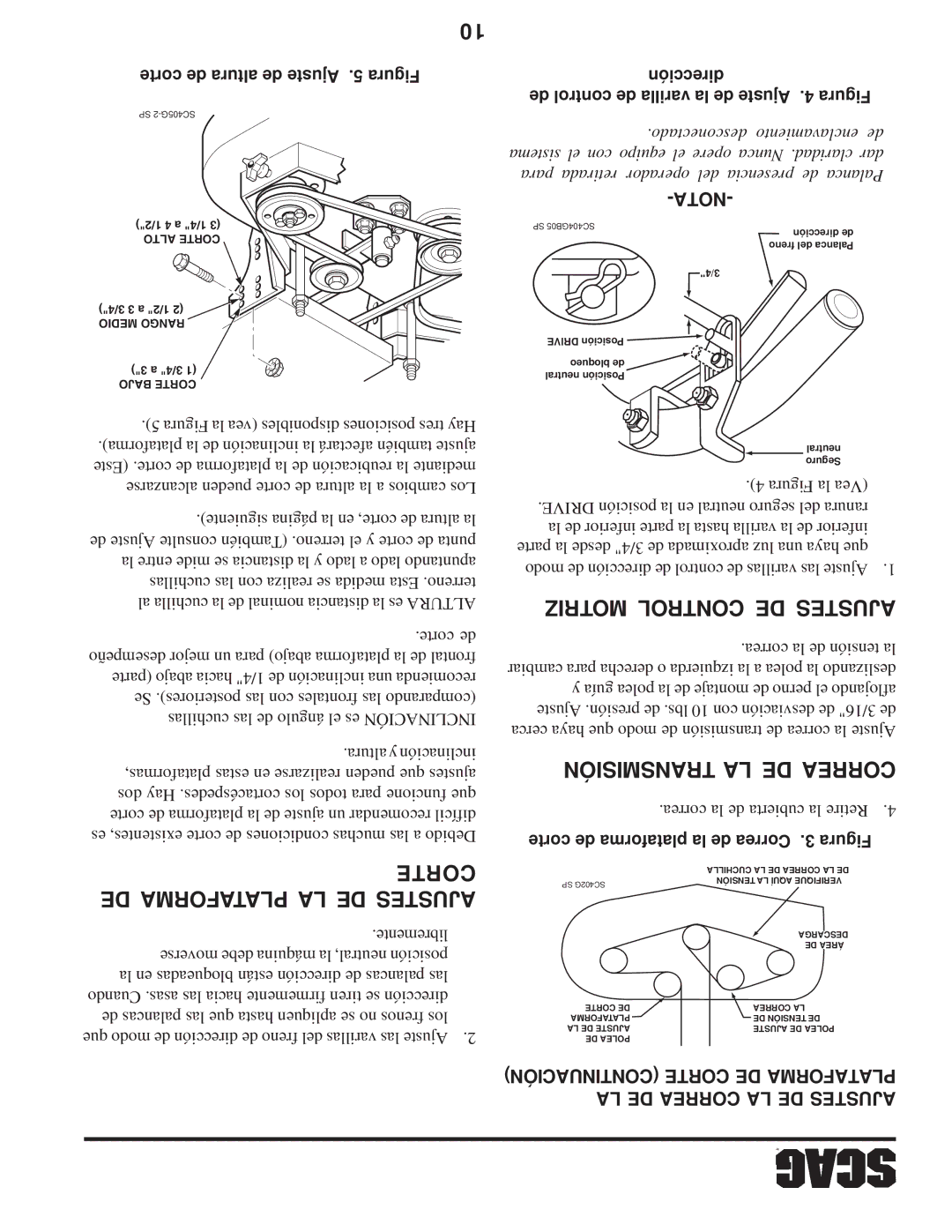 Scag Power Equipment SW manual Corte, DE Plataforma LA DE Ajustes, Motriz Control DE Ajustes 