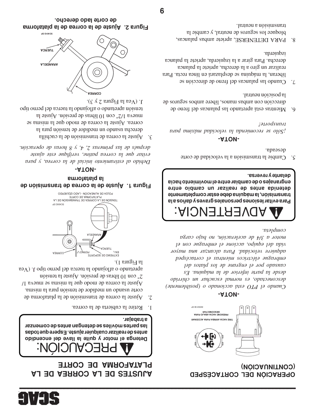 Scag Power Equipment SW manual LA DE Correa LA DE Ajustes, Nota, Continuación Cortacésped DEL Operación 