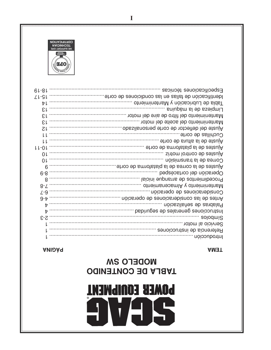 Scag Power Equipment manual SW Modelo, Página Tema 