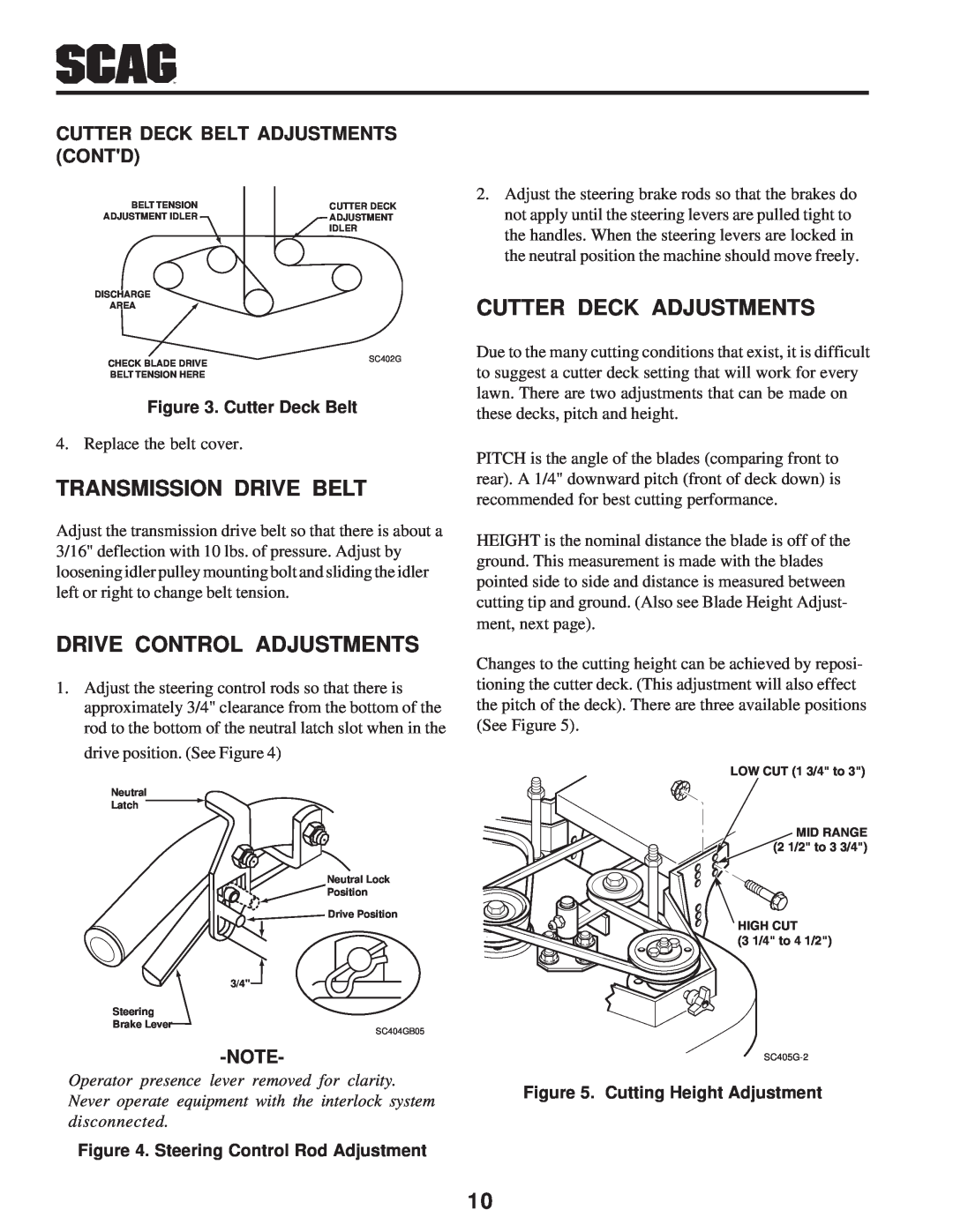 Scag Power Equipment SW manual Cutter Deck Belt Adjustments Contd, Operator presence lever removed for clarity 