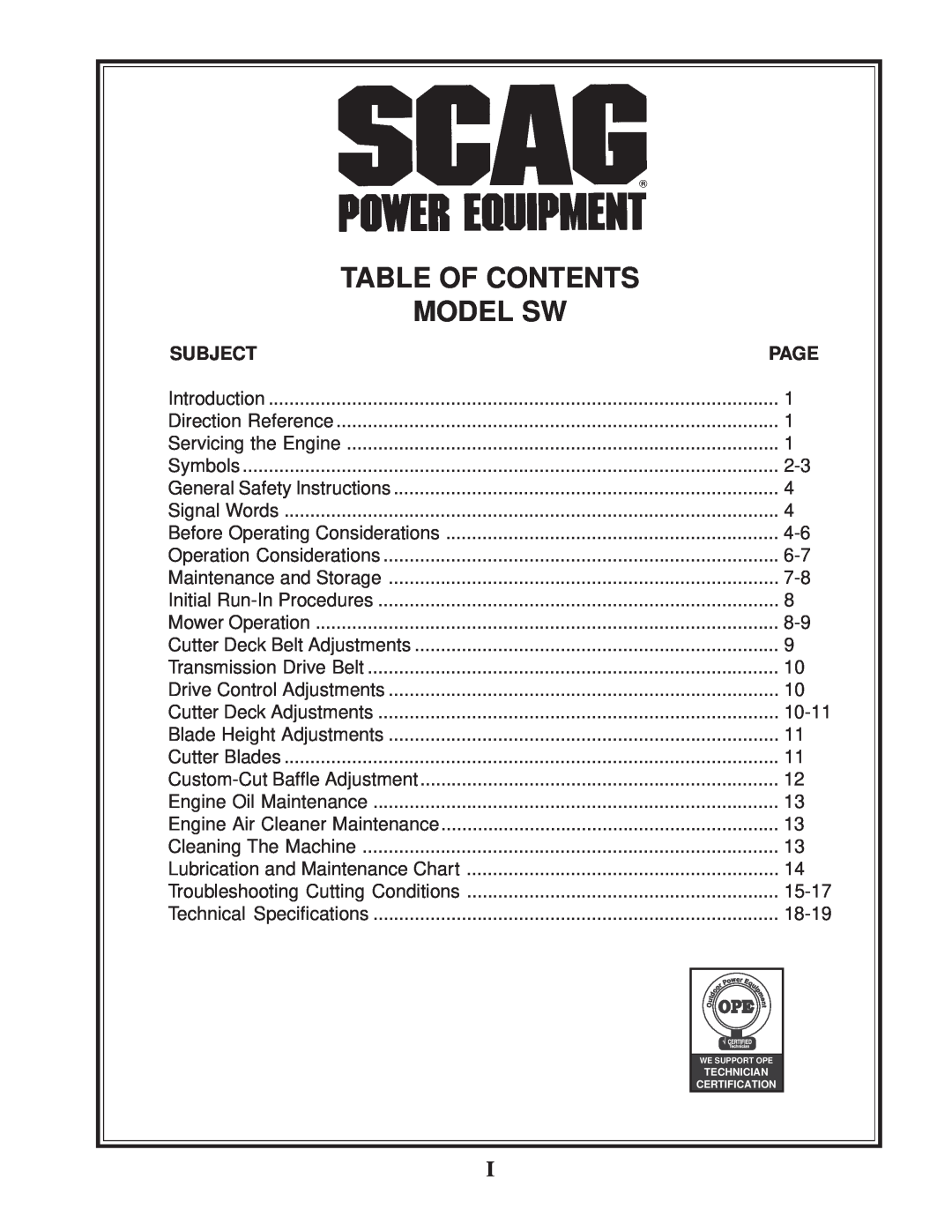 Scag Power Equipment SW manual Table Of Contents, Model Sw, Subject, Page 
