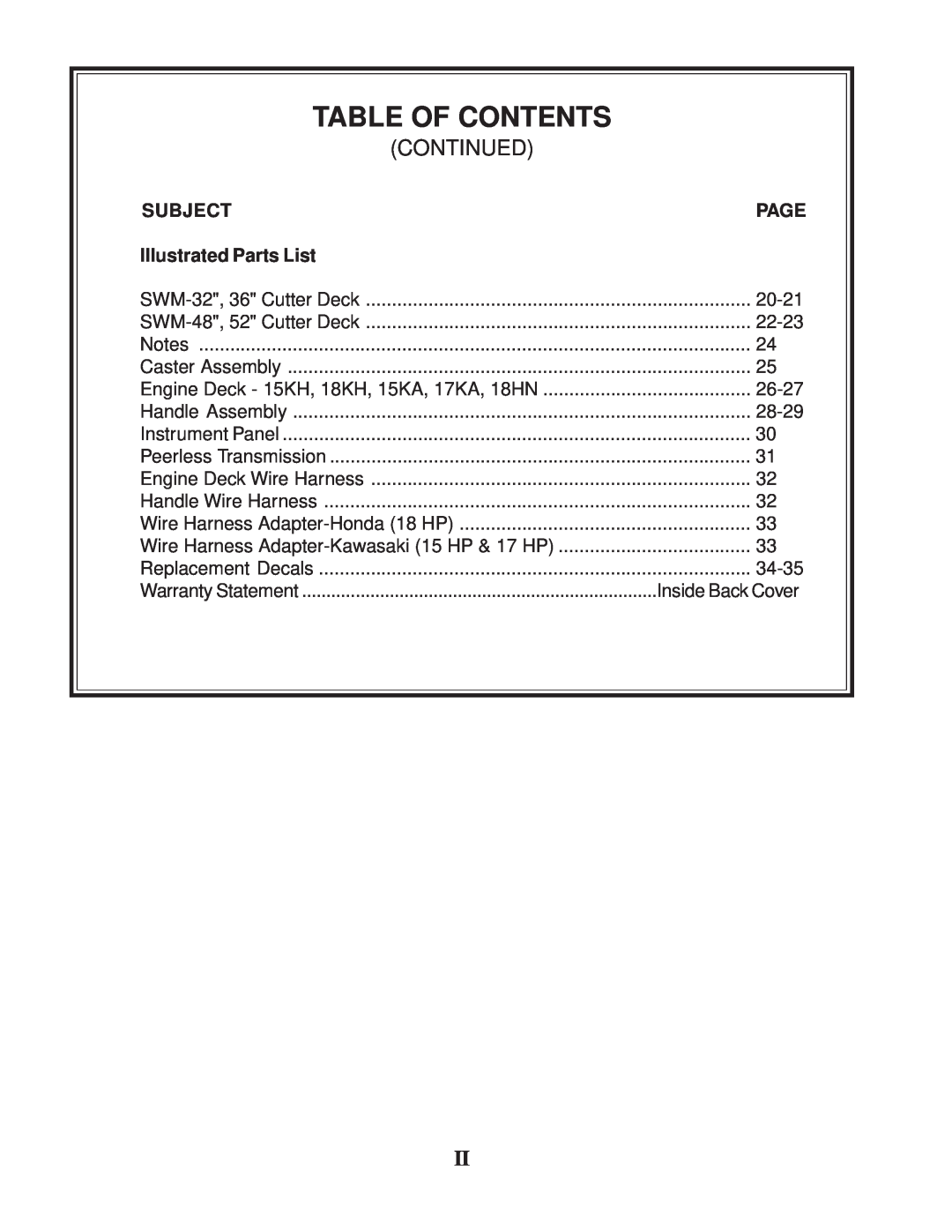 Scag Power Equipment SW manual Continued, Table Of Contents, Subject, Illustrated Parts List 
