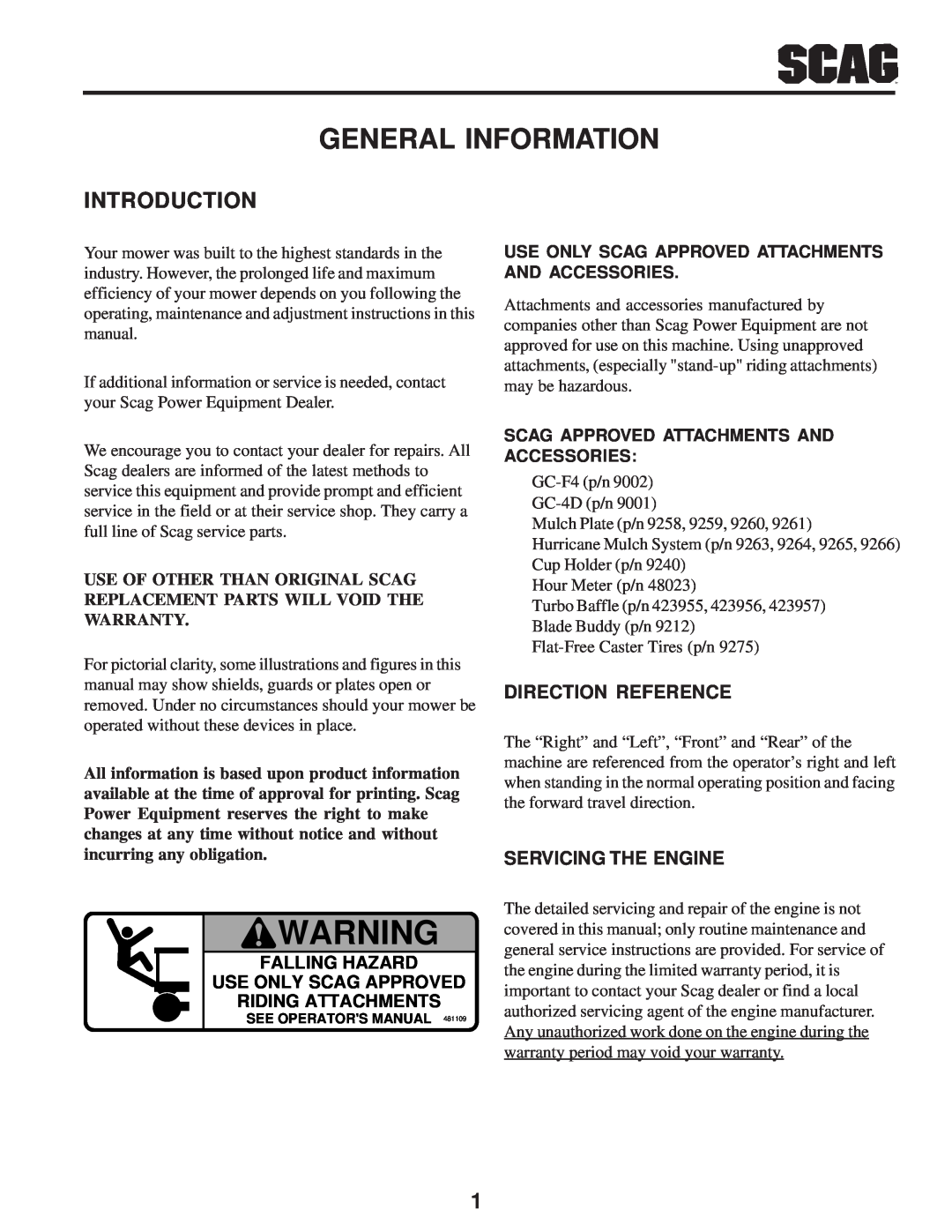 Scag Power Equipment SW manual General Information, Direction Reference, Servicing The Engine, Riding Attachments 