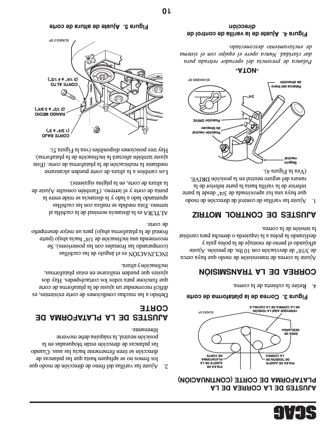 Scag Power Equipment SW manual Corte, De Plataforma La De Ajustes, Motriz Control De Ajustes, Transmisión La De Correa 