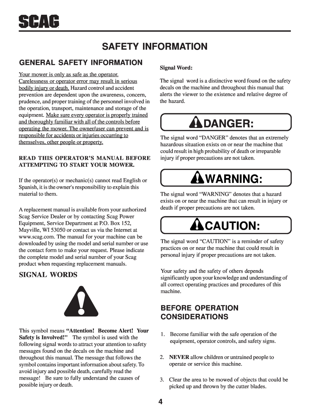 Scag Power Equipment SW manual Signal Words, General Safety Information, Before Operation Considerations 