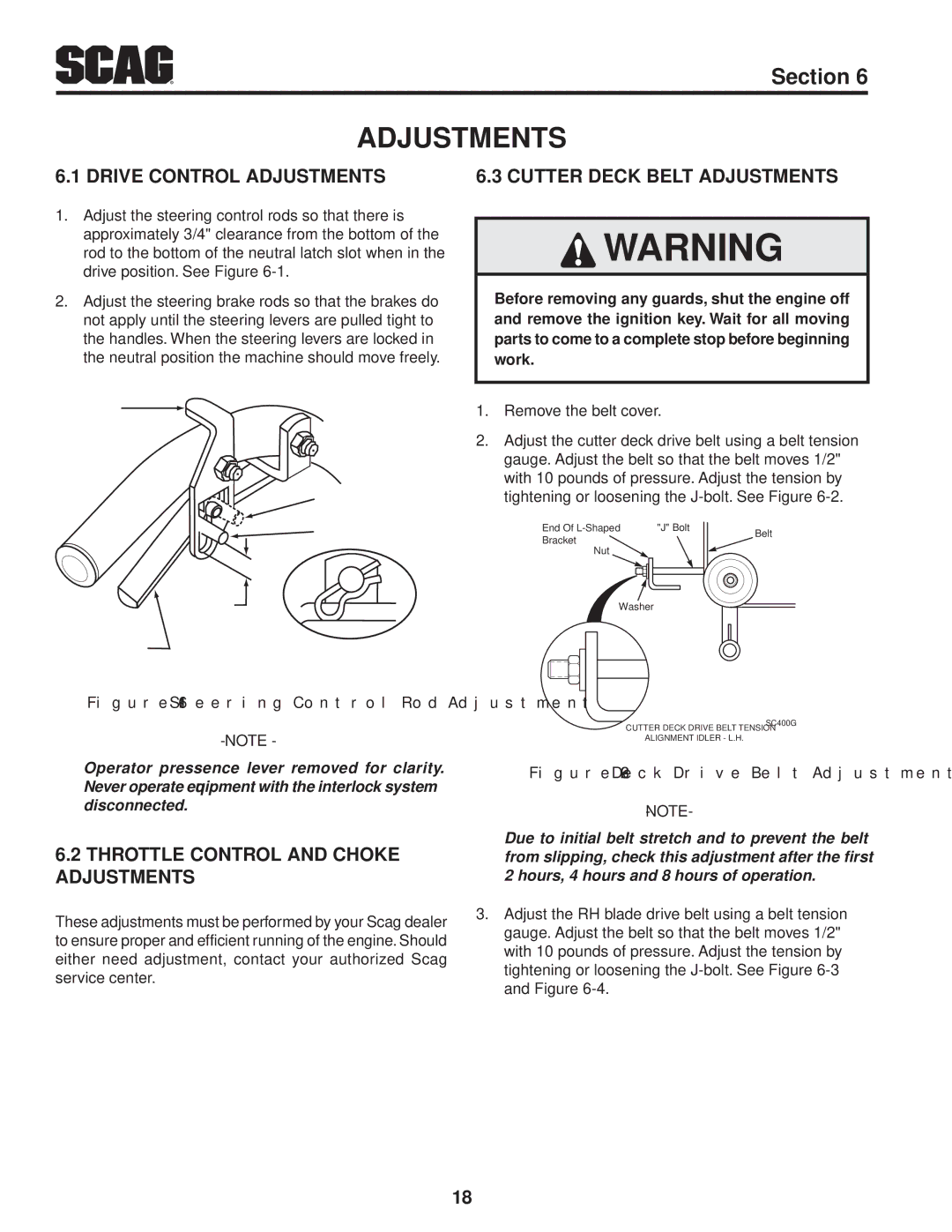 Scag Power Equipment SW52V-17KAI, SW48V-15KH, SW48V-16KAI manual Drive Control Adjustments, Cutter Deck Belt Adjustments 