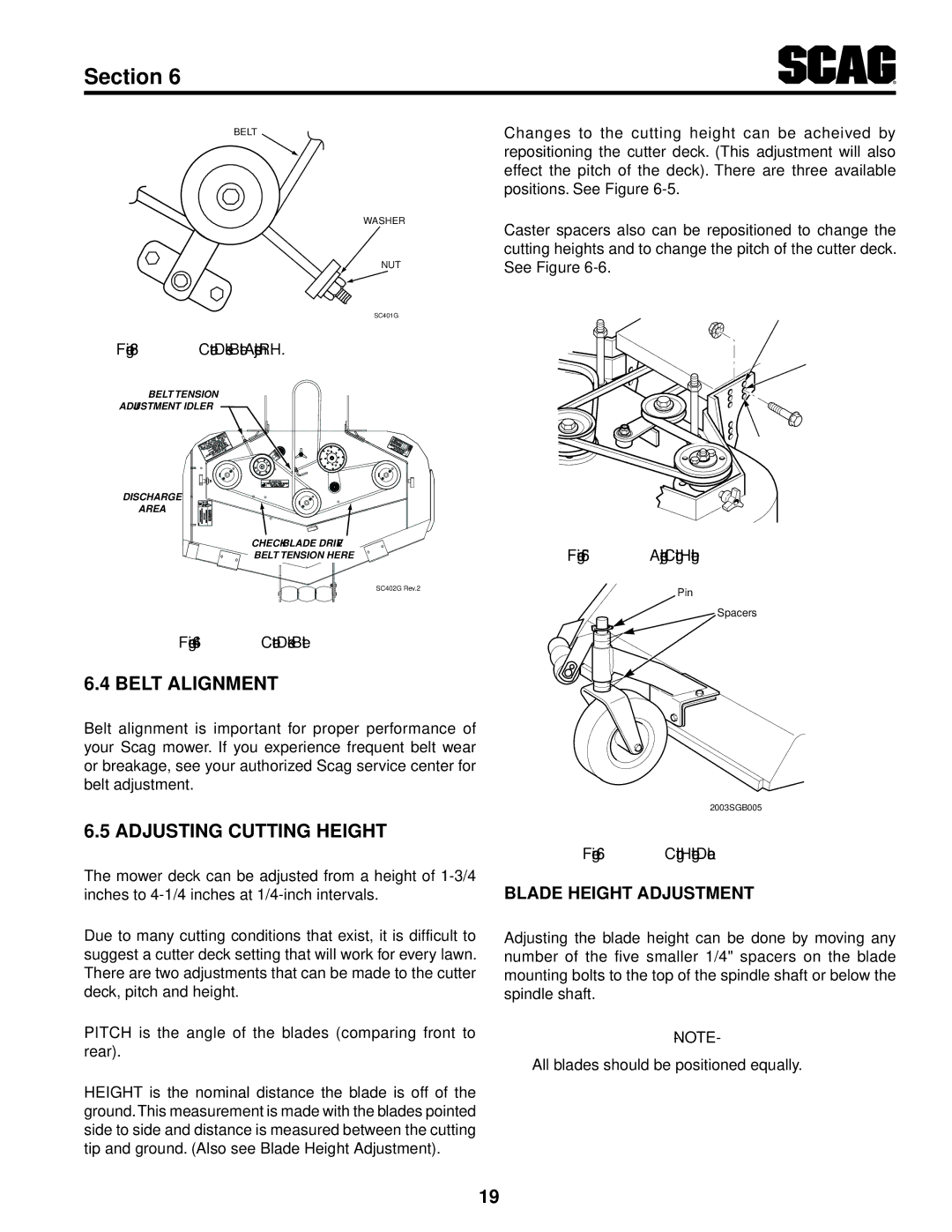 Scag Power Equipment SW48V-16KAI, SW48V-15KH, SW52V-17KAI, SW36A-15KH, SW36A-17KAI Belt Alignment, Adjusting Cutting Height 