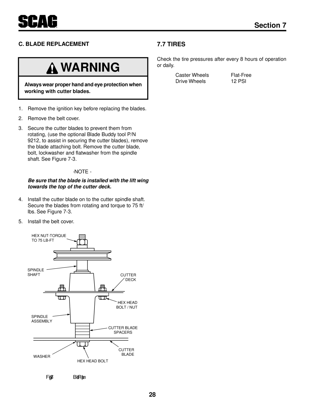 Scag Power Equipment SW36A-17KAI, SW48V-15KH, SW52V-17KAI, SW48V-16KAI, SW36A-15KH, SW32-15KAI manual Tires, Blade Replacement 