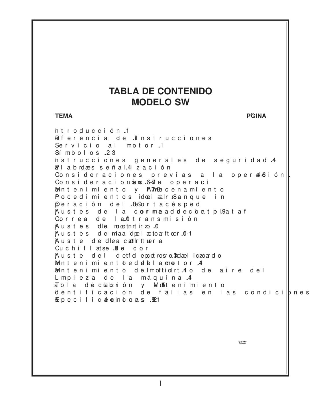 Scag Power Equipment SW36A-17KAI, SW48V-15KH, SW52V-17KAI, SW48V-16KAI, SW36A-15KH, SW32-15KAI SW Modelo Contenido DE Tabla 