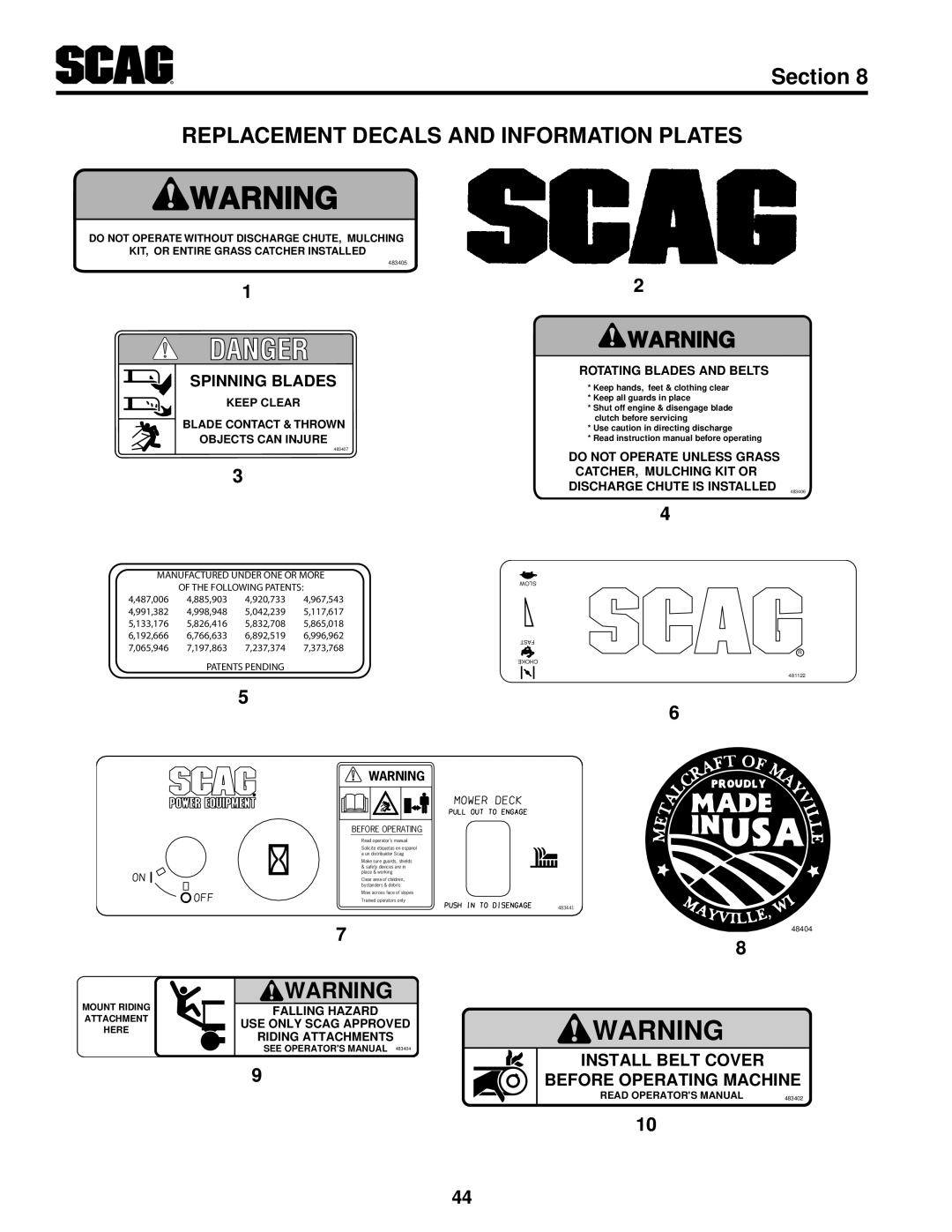 Scag Power Equipment SW36A-16KAI Replacement Decals And Information Plates, Section, Spinning Blades, Patents Pending 