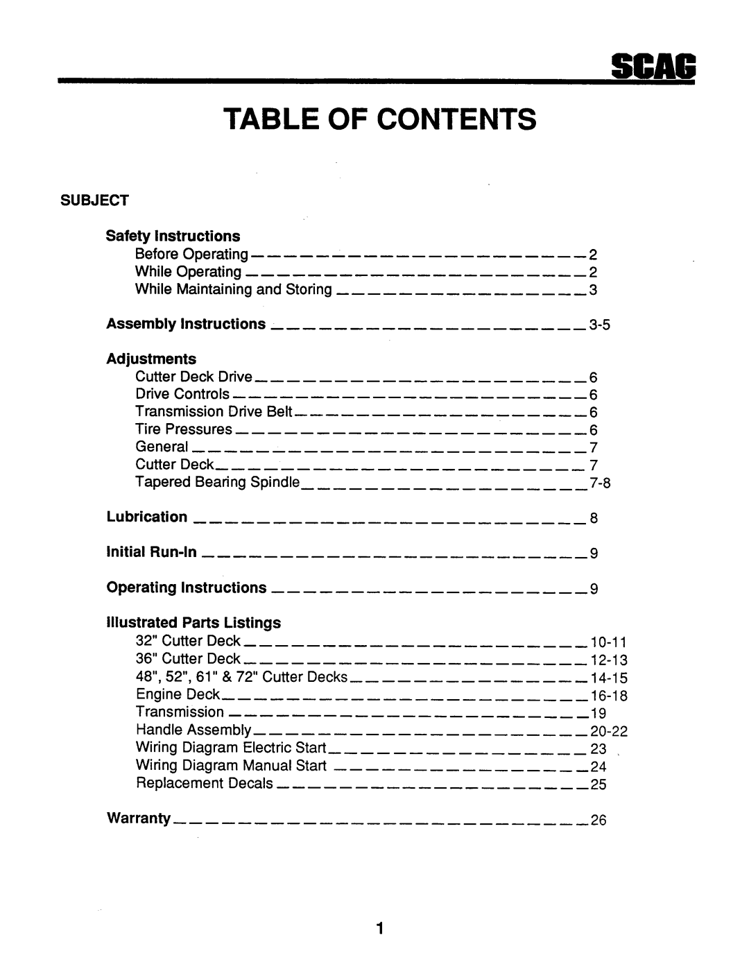 Scag Power Equipment SW48-14BV, SWM-72, SW48-14KH, SW-18KH, SW-18EKH, SW-20EKH, SWM-61, SW32-14BV, SWM-52, SW48-13KA, SW36-13KA manual 