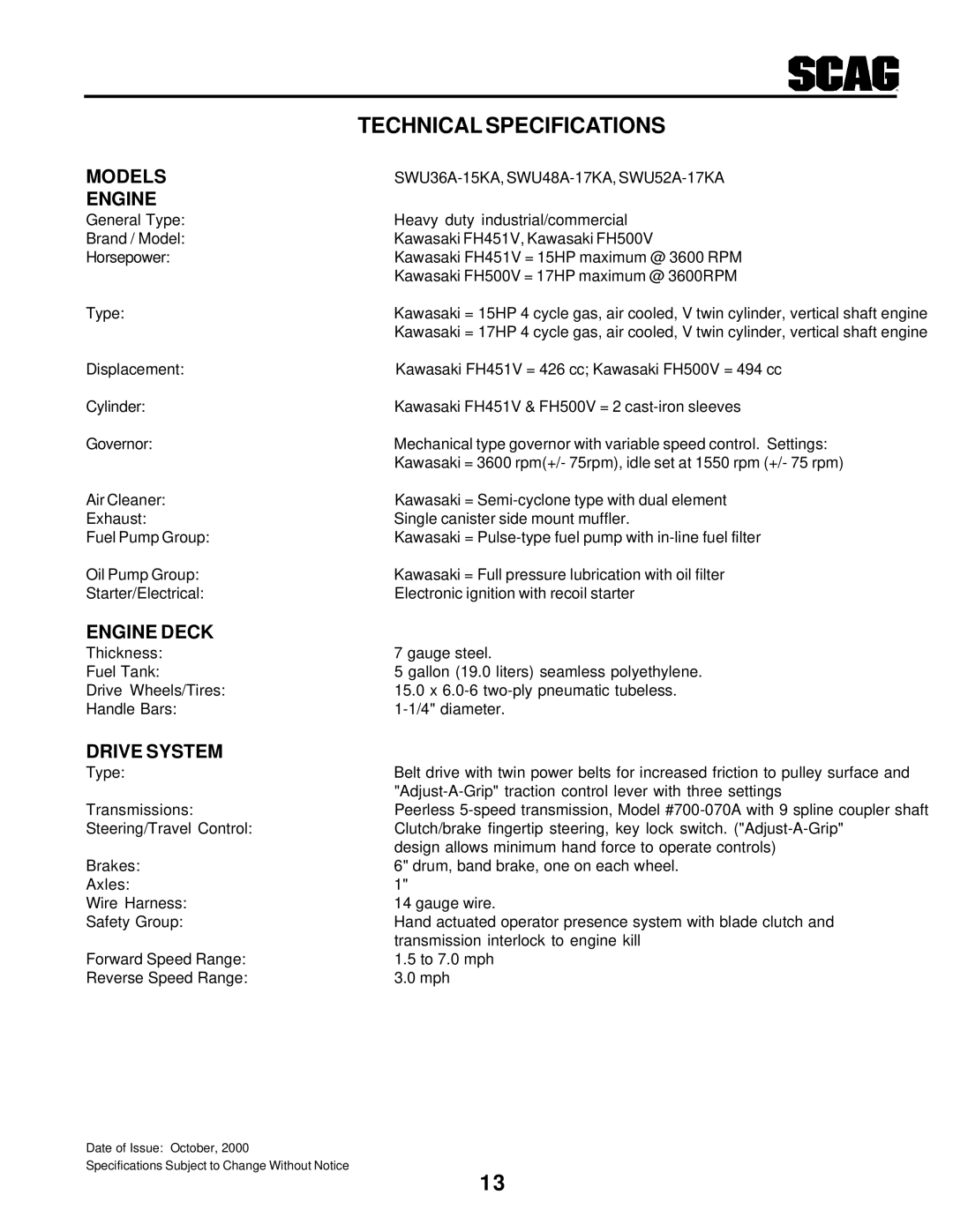 Scag Power Equipment SWU manual Technical Specifications, Engine 