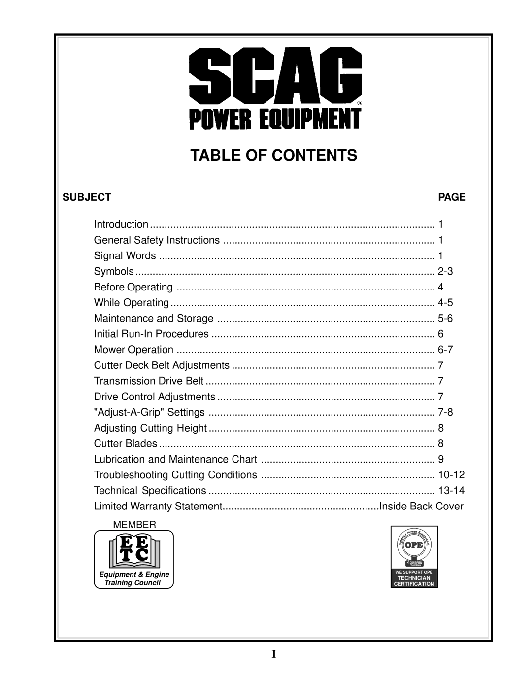 Scag Power Equipment SWU manual Table of Contents 