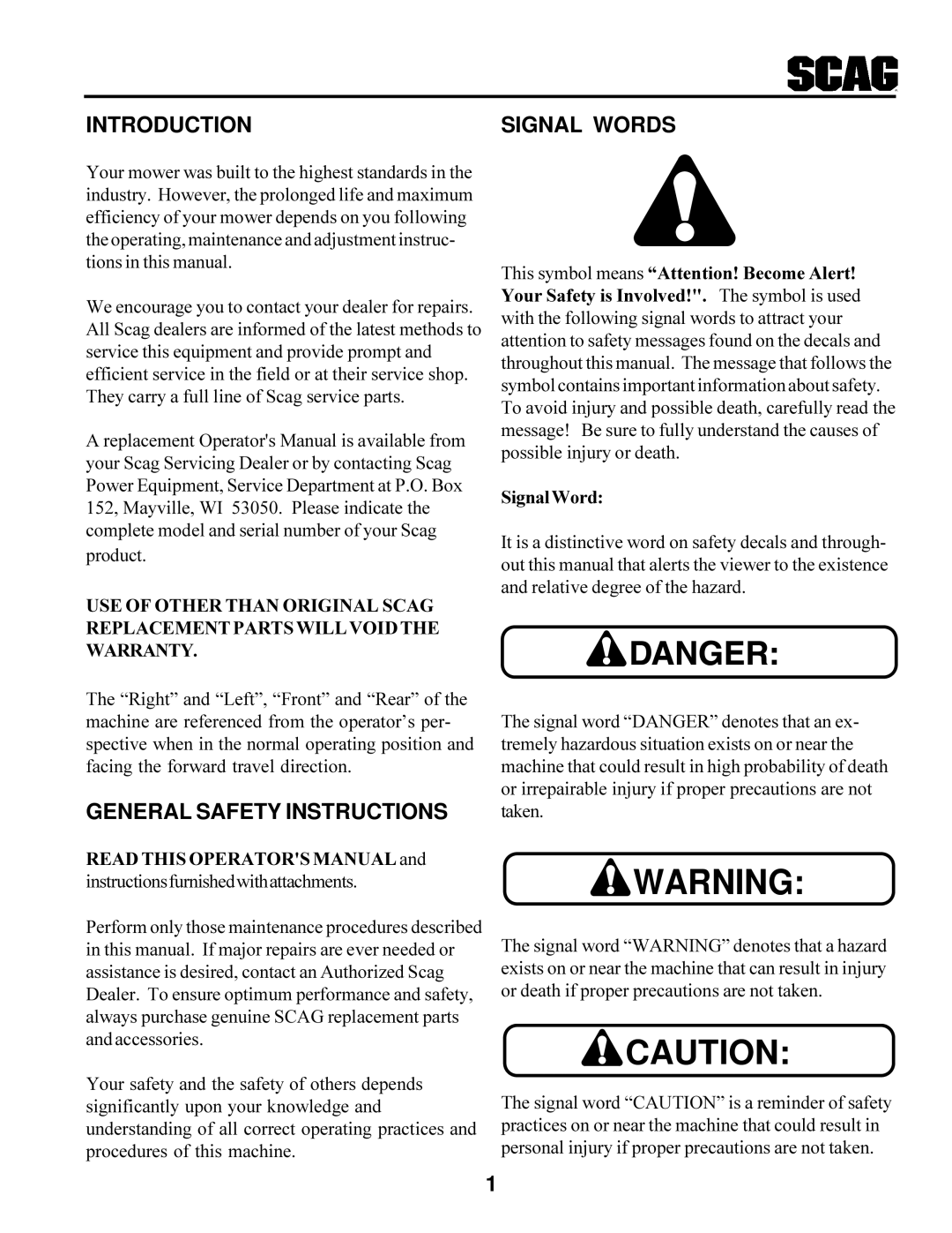 Scag Power Equipment SWU manual Introduction Signal Words, General Safety Instructions 