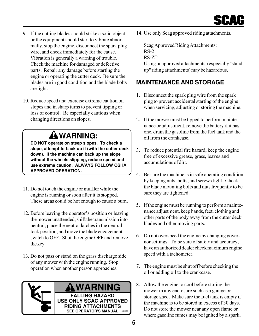 Scag Power Equipment SWU manual Maintenance and Storage, Falling Hazard USE only Scag Approved Riding Attachments 