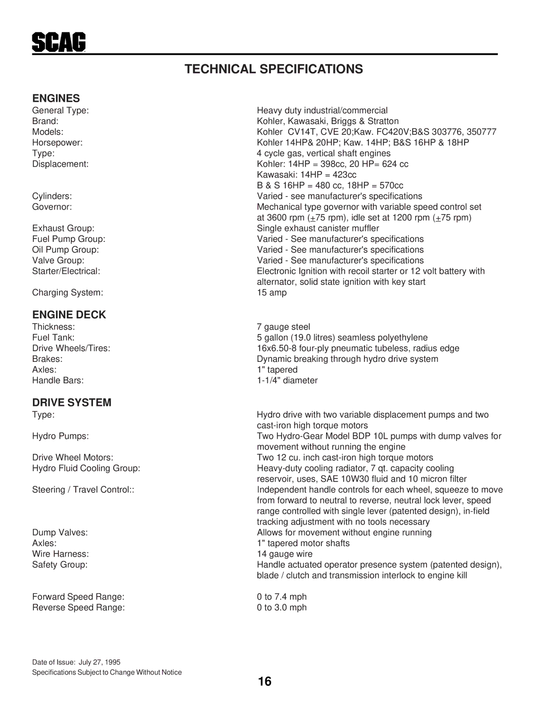 Scag Power Equipment SWZ manual Technical Specifications, Engines 