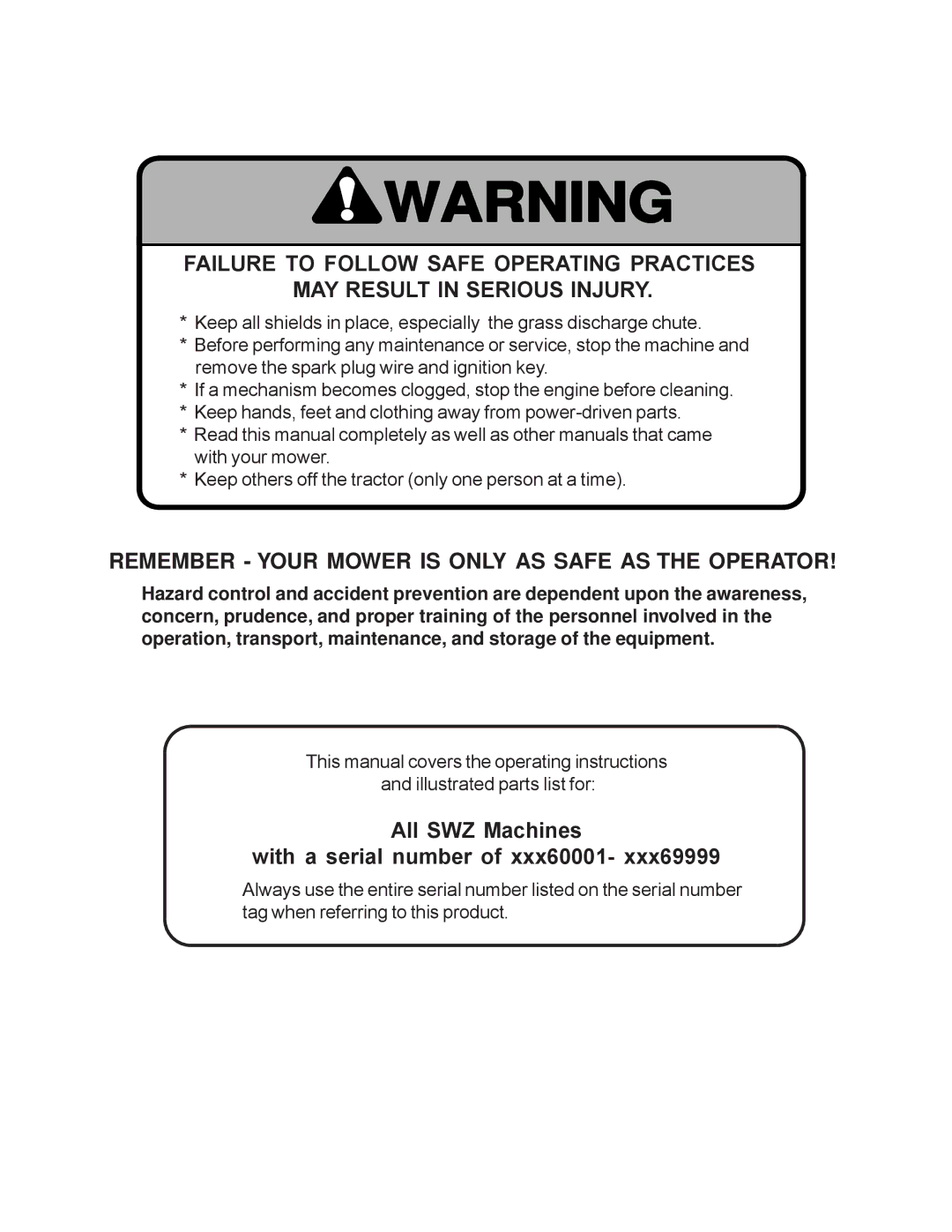 Scag Power Equipment SWZ manual Remember Your Mower is only AS Safe AS the Operator 