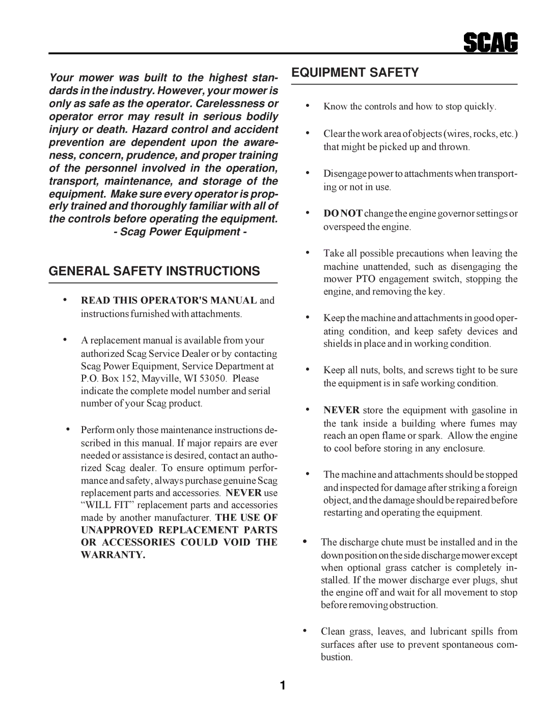 Scag Power Equipment SWZ manual General Safety Instructions, Equipment Safety 