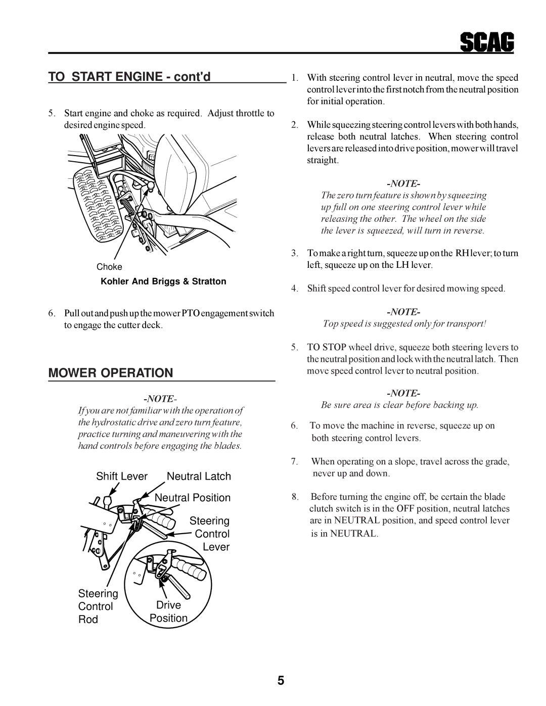 Scag Power Equipment SWZ manual To Start Engine contd, Mower Operation 