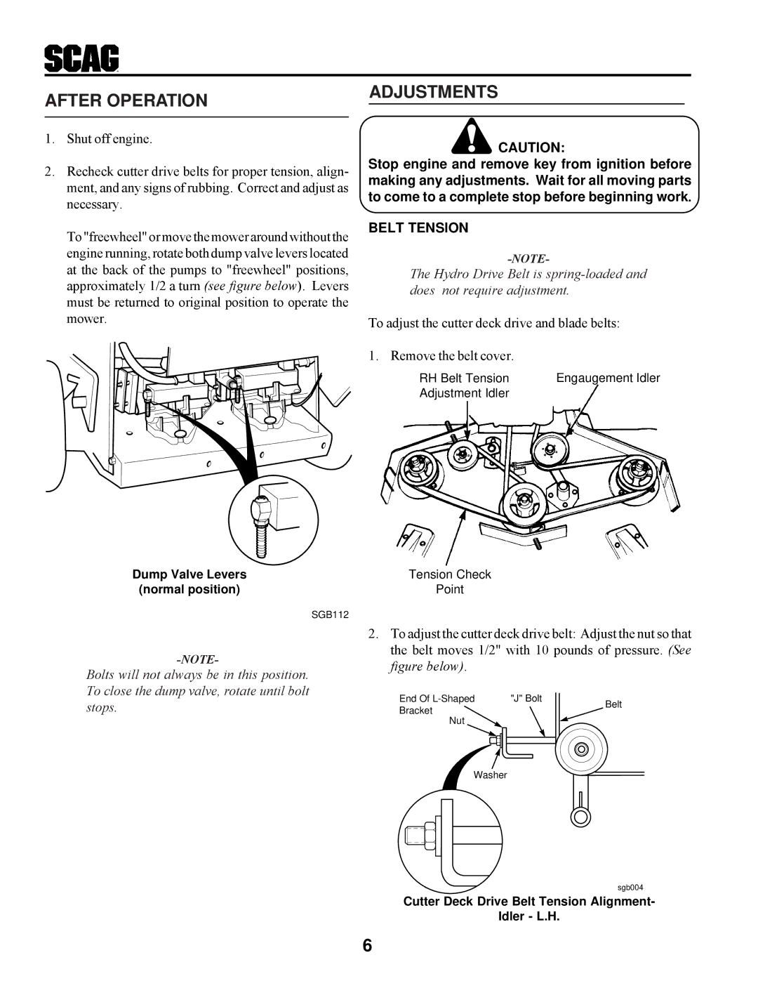 Scag Power Equipment SWZ manual After Operation Adjustments, Belt Tension 