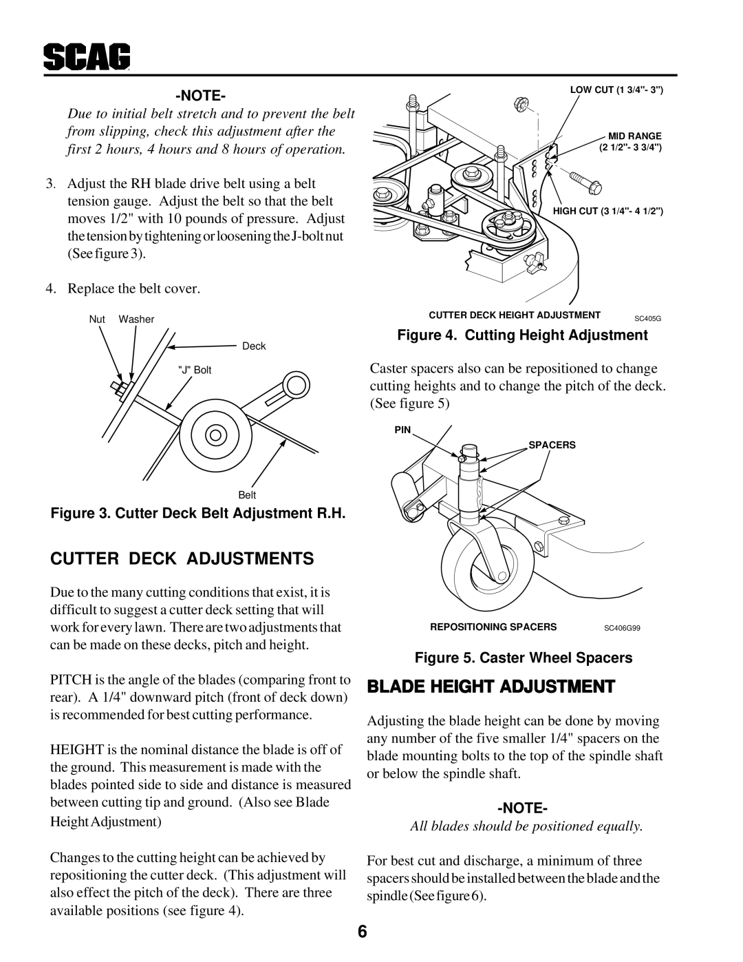 Scag Power Equipment SWZ manual Cutter Deck Adjustments, Blade Height Adjustment 