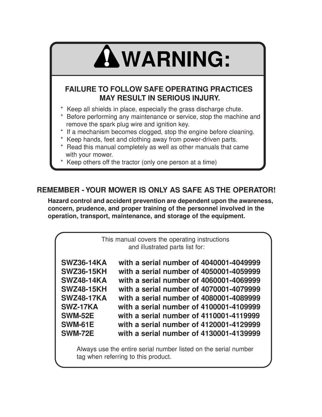 Scag Power Equipment SWZ manual Remember Your Mower is only AS Safe AS the Operator 