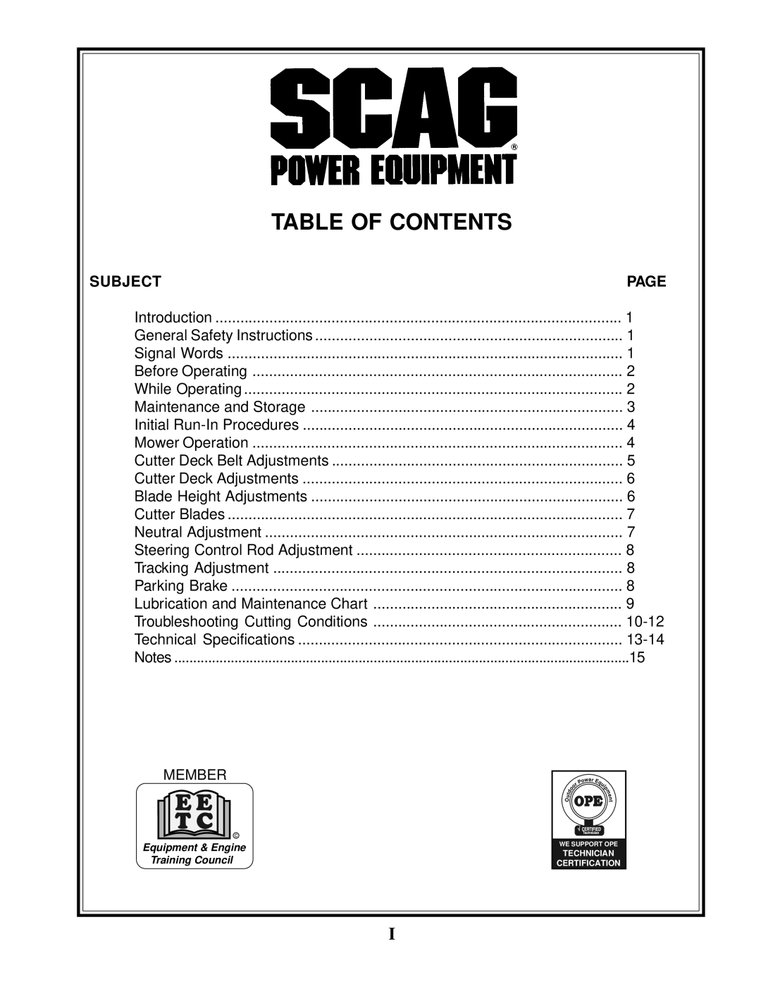 Scag Power Equipment SWZ manual Table of Contents 