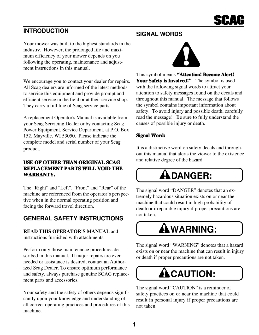 Scag Power Equipment SWZ manual Introduction Signal Words, General Safety Instructions 