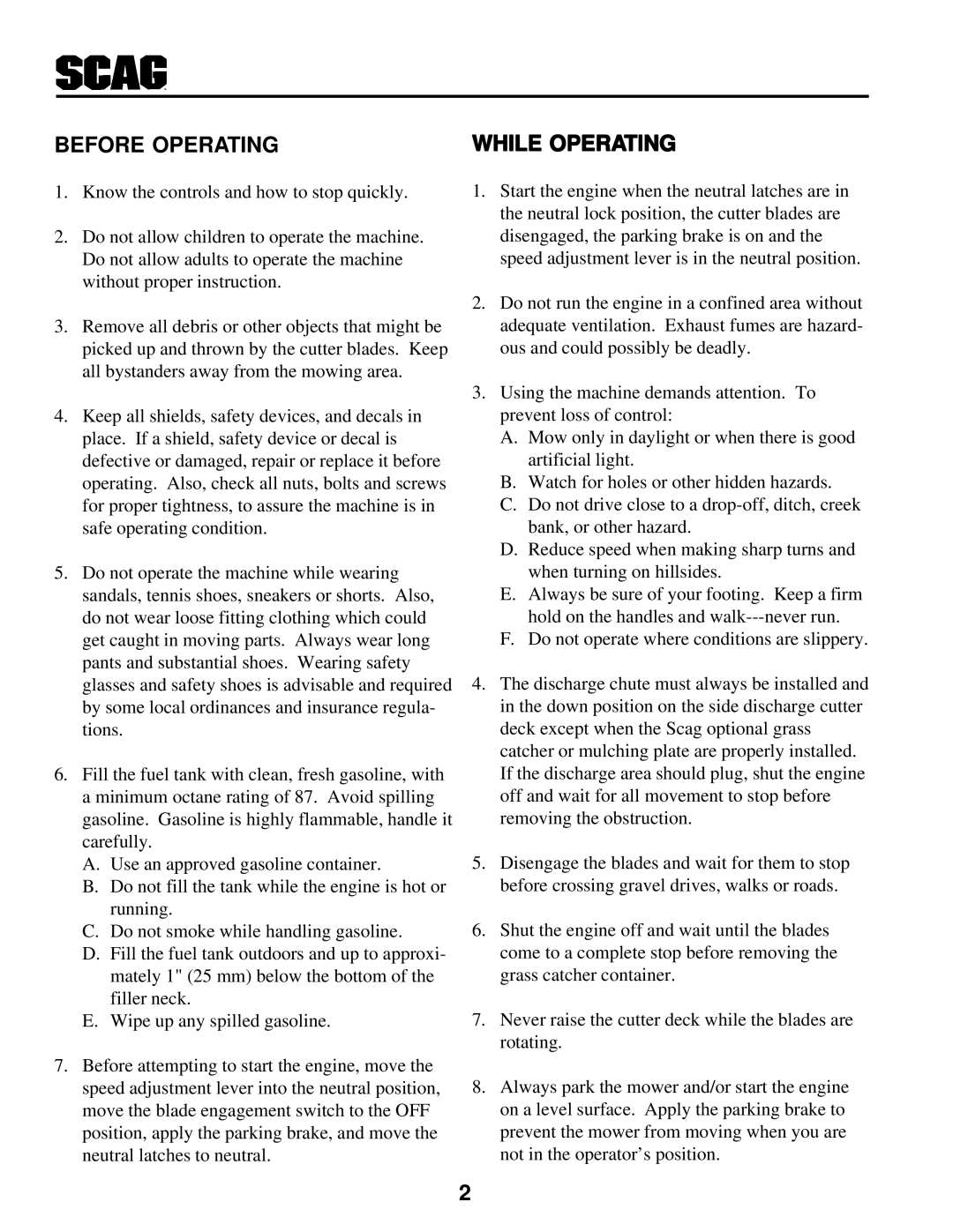 Scag Power Equipment SWZ manual Before Operating, While Operating 