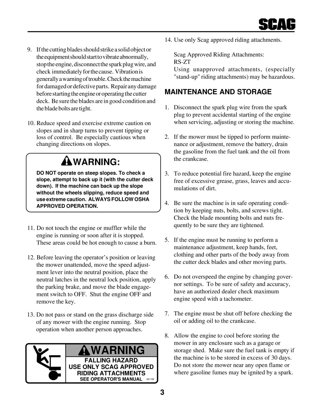 Scag Power Equipment SWZ manual Maintenance and Storage, Falling Hazard USE only Scag Approved Riding Attachments 