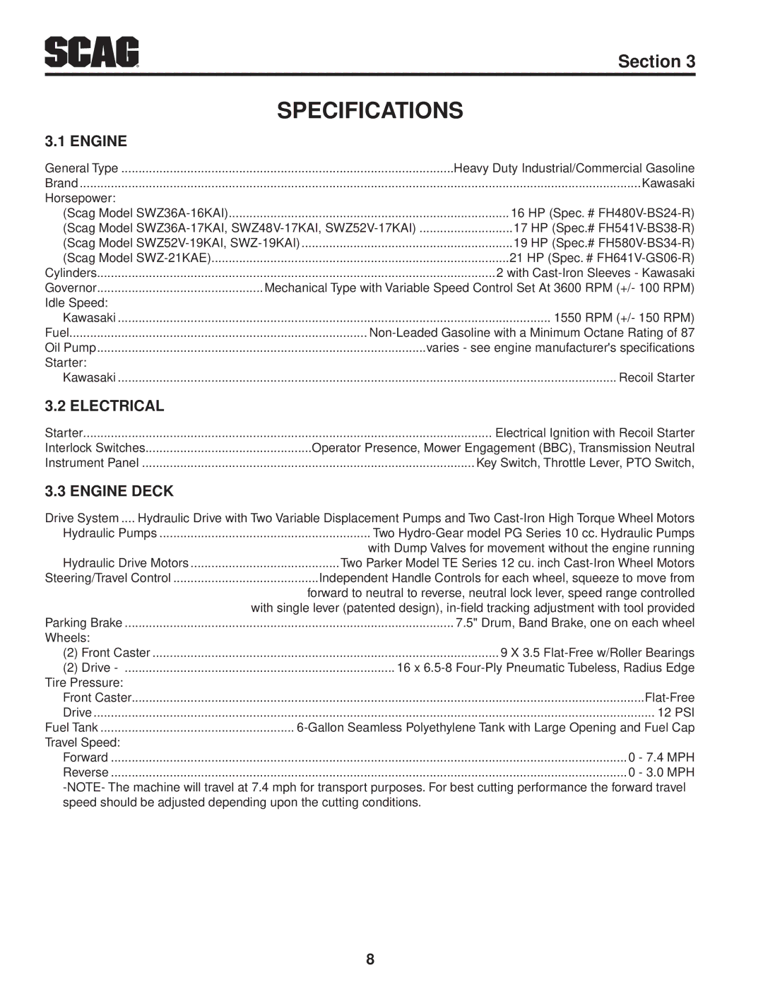 Scag Power Equipment SWZ52V-17KAI, SWZ52V-19KAI, SWZ-19KAI, SWZ48V-17KAI manual Specifications, Electrical, Engine Deck 
